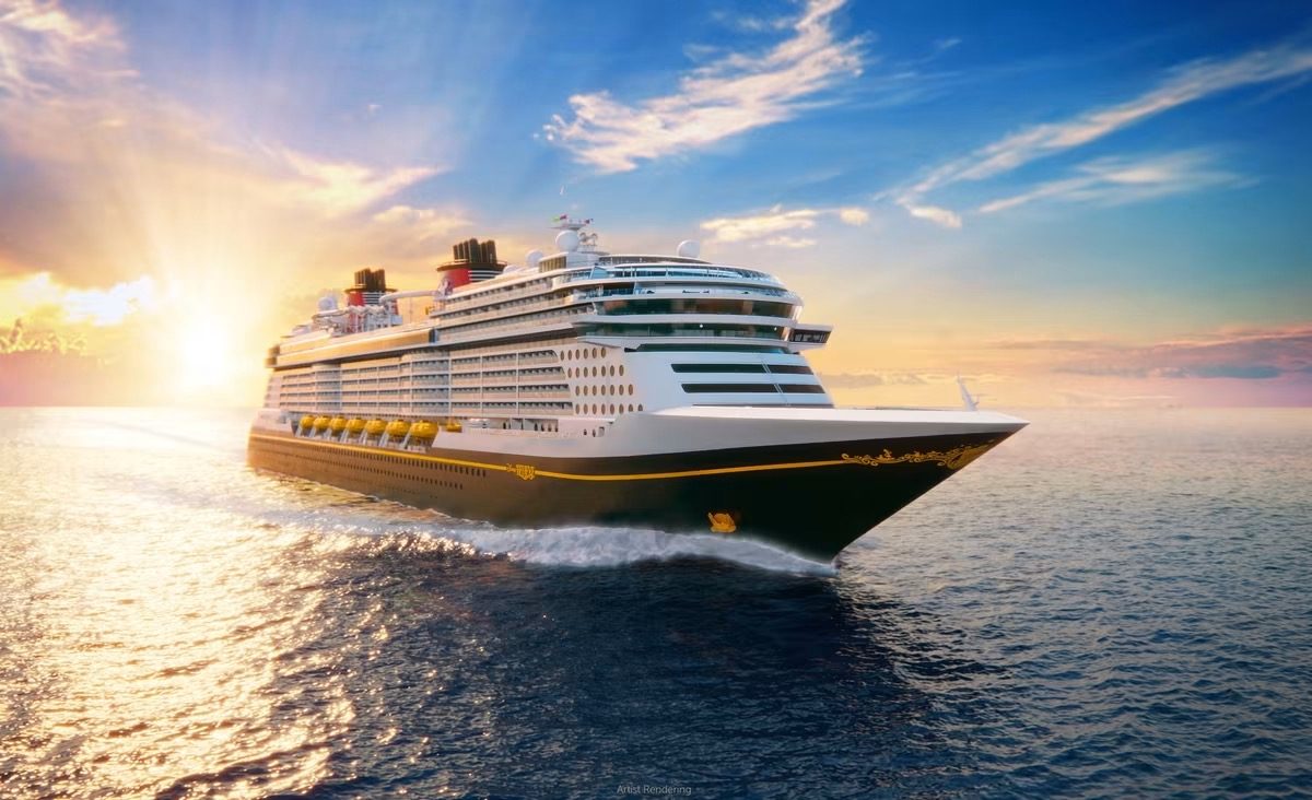 Artist rendering of the Disney Believe sailing at sunset